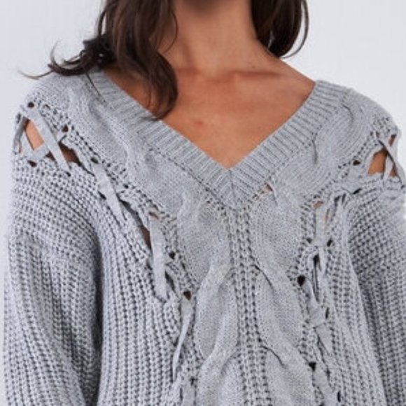 Boho Gray Lace Up Front Cable Knit Sweater Tunic - Picture 5 of 5